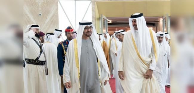 UAE Prez Sheikh Mohamed bin Zayed Al-Nahyan meets with Qatar’s Sheikh Tamim bin Hamad Al-Thani in Doha on Monday (Image Credit: @AmiriDiwan via Twitter) - Sakshi Post