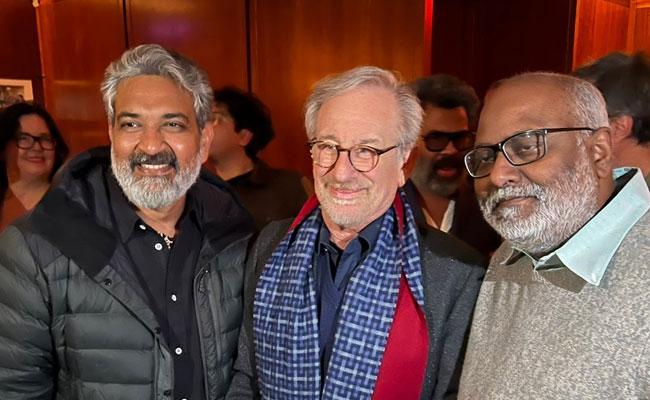 SS Rajamouli With Steven Spielberg and MM Keeravani | Image Source SS Rajamouli Twitter a/c RRR Is A Telugu Film From South India, Clarifies SS Rajamouli To Foreign Audience - Sakshi Post