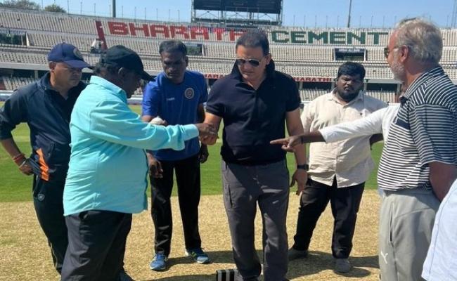 HCA President Mohd Azharuddin inspecting the pitch at Rajiv Gandhi International Stadium in Hyderabad on Tuesday. Image credit: azharflicks/Twitter HCA President Mohd Azharuddin inspecting the pitch at Rajiv Gandhi International Stadium in Hyderabad on Tuesday. Image credit: azharflicks/Twitter - Sakshi Post