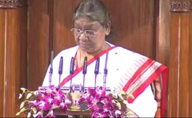President Droupadi Murmu addressing the joint sitting of Parliament during Budget session on Tuesday President Droupadi Murmu addressing the joint sitting of Parliament during Budget session on Tuesday - Sakshi Post