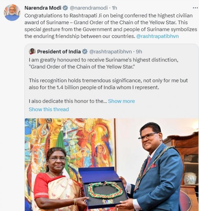 President Droupadi Murmu has been conferred with Suriname's highest civilian award - Sakshi Post