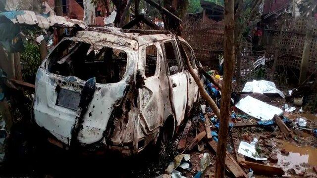 Remains of a car destroyed in an air strike in Myanmar’s Rakhine State, part of escalating clashes between the military junta and the Arakan Army | Source: X - Sakshi Post