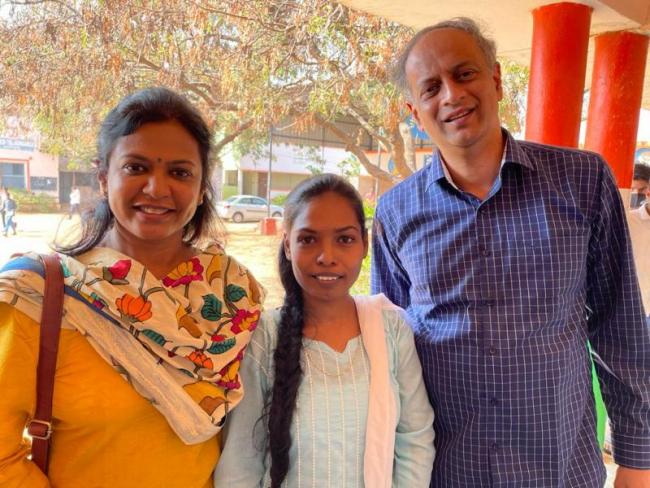 Dr Srikanth Mandumula & Dr Madhavi Reddy with a student Sireesha who secured a job in TCS