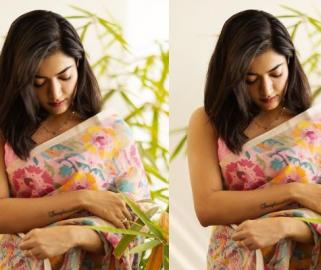 rashmika-mandanna-latest-saree-pics-with-dog-aura-sakshipost - Sakshi Post